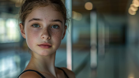 The close up picture of the caucasian female ballet dancer looking at camera in the studio with blur background, the ballet dancer require skill technique, flexibility, balance and experience. AIG43.の素材