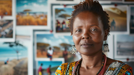 The close up picture of the african female professional ceo, executive director or manager of the non-governmental organization with the wall of the various pictures that has been put on it. AIG43.の素材