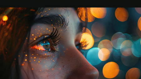 A closeup of a womans eye showcasing Christmas lights reflected in her iris. Her eyelashes are coated with electric blue mascara, complementing the festive eye makeup AIG50の素材