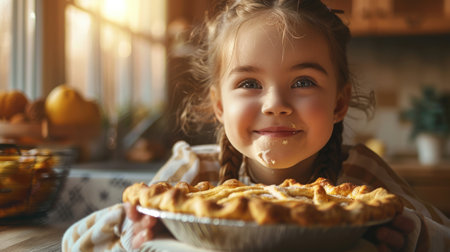 A young girl is seated at a table with a delicious pie in front of her. The aroma of freshly baked goods fills the room, enticing her to take a bite and share the tasty treat with others AIG50の素材