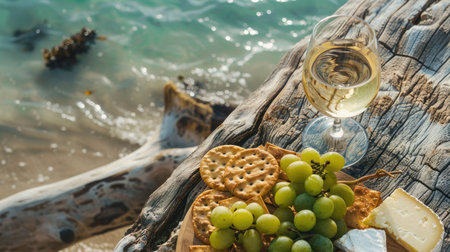A wooden table displaying a delicious recipe with ingredients such as cheese, grapes, crackers, and a glass of wine. A natural foods dish showcasing the beauty of plantbased cuisine AIG50の素材