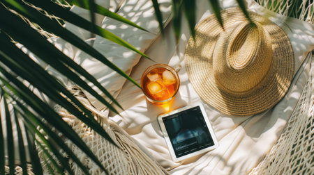 A hammock made from terrestrial plant fibers, under a tree on the beach, with a straw hat, a book, a cell phone, and a glass of orange juice AIG50の素材