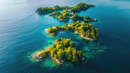 A breathtaking aerial view of a cluster of small islands surrounded by crystal clear water in the center of a serene lake, showcasing the beauty of natural landscape and marine biology AIG50の素材