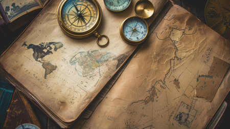 A wooden table displays an open book with a map, compass, and intricate circle pattern on the cover. The font, painting, and metal artifact add to the art facade AIG50の素材