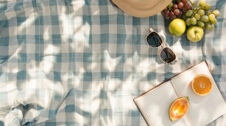 A plantbased picnic blanket with a variety of natural foods and a book on a beach with grass patterns, creating an artistic and relaxing atmosphere AIG50の素材