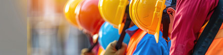 The close up picture of the group of the engineer with hardhat and standing next to the each other, the engineer require skill like technical experience, management and the communication skill. AIG43.の素材