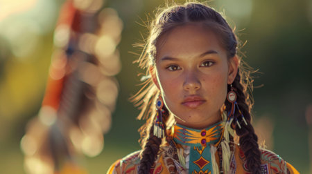 The close up picture of the native american teenage is wearing the costume of traditional dancer with blur background, the traditional dancer require cultural knowledge and dancing technique. AIG43.の素材