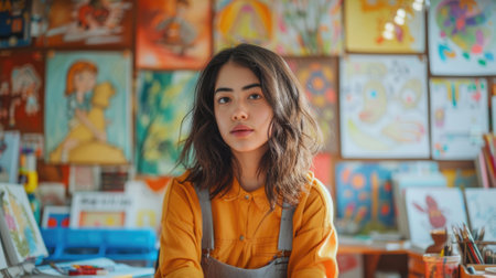 The picture of the childrens book artist is working inside the room that has filled with colourful drawing on wall and blur background, the artist require skill like creative and imagination. AIG43.の素材