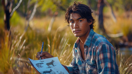 The picture of the australian teenager immersed in drawing wildlife animals in the vast savanna, the scene likely shows the teenager focused and surrounded by beauty and diversity of savanna. AIG43.の素材