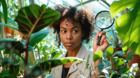 The picture of the botanist holding the magnifying glass inside the greenhouse has been surrounded with green tree and plant, the botanist require skill like plant identification and knowledge. AIG43.の素材