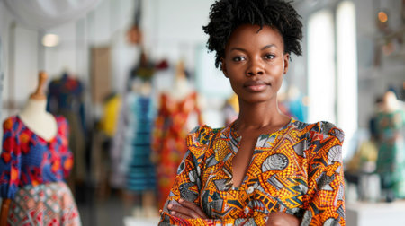 The picture of the african american female is working as fashion designer inside her own workshop, the fashion design also require skill like creativity, cultural awareness and time management. AIG43.の素材