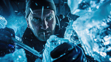 The picture of the ice sculptor holding the tool and equipment for carving the ice block or ice statue in the winter, the ice sculptor require experience in modeling the ice and precision tool. AIG43.の素材