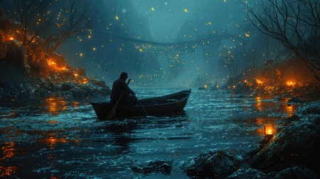 The picture of young or adult male or female that sailing the boat in the middle of the water that surrounded with nature in the nighttime of the day yet look bright and clear with the light. AIGX03.の素材