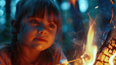 A young girl is enjoying the warmth and fun of sitting by the fire in the darkness of the night. The flickering flames cast a glow on her flesh as she watches the midnight event unfold AIG50の素材