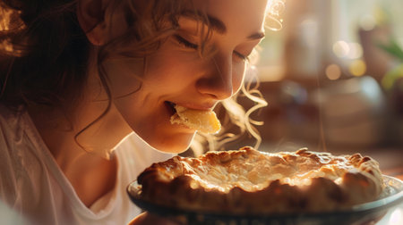 A woman is enjoying a piece of freshly baked pie on a tartan plate, savoring the flaky crust and tasty filling as she chews with satisfaction AIG50の素材