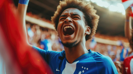 A happy fan is grinning and waving a flag in a stadium, expressing his joy and excitement. AIG41の素材