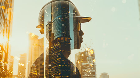 Double exposure of engineer wearing safety helmet with building construction or skyscraper. Close up portrait of architect or interior designer thinking about designing architectural building. AIG42.の素材