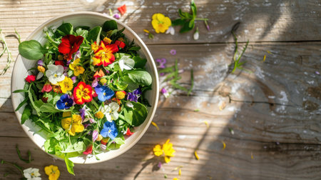 An artful arrangement of leafy greens and colorful flowers in a bowl, placed on a vibrant blue table. The natural landscape is enhanced with this beautiful botanical illustration AIG50の素材