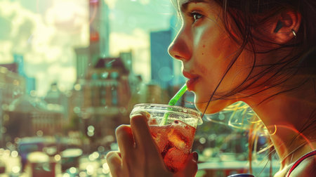 A woman with a joyful smile is enjoying a drink by the water, overlooking the city skyline with tall skyscrapers and fluffy clouds in the sky. It seems like she is on a happy travel adventure AIG50の素材