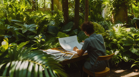 An overhead view of a landscape architect analyzing garden design plans amidst a lush green setting. AIG41の素材