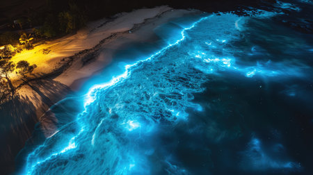 An electric blue wave crashing on a beach at night, creating a captivating natural landscape in the darkness with the mountain range in the background AIG50の素材