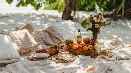A beach picnic set up with a colorful fruit basket and cozy blanket overlooking the serene body of water, surrounded by nature and stunning landscape AIG50の素材