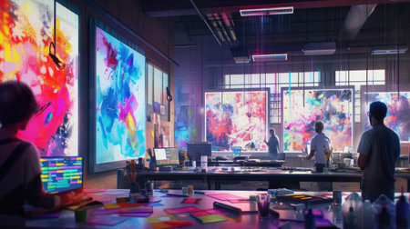 A man is using a computer in an office building, surrounded by tables, paintings, and art in a magenta-themed room. AIG41の素材