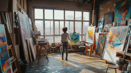 A painter stands back to ponder the progress of a vibrant abstract painting in a bright, art-filled studio. AIG41の素材