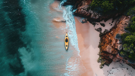 A serene aerial view of a wooden kayak floating in the clear waters near a sandy beach, with lush green trees creating a beautiful natural landscape AIG50の素材