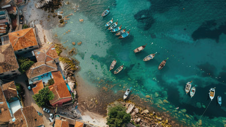 A stunning aerial view of a tropical island with boats floating in the crystalclear water, surrounded by lush greenery and palm trees AIG50の素材