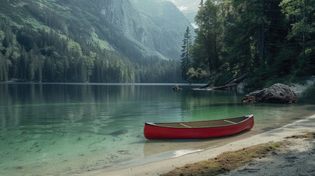 A red canoe is docked on the shore of a picturesque lake with majestic mountains towering in the background, surrounded by a serene natural landscape under a cloudy sky AIG50の素材