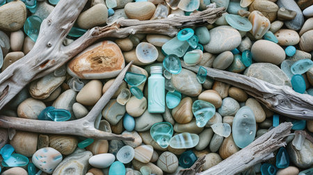 A bottle of paint sits amongst sea glass and driftwood, creating a unique art sculpture combining wood, glass, and water elements AIG50の素材