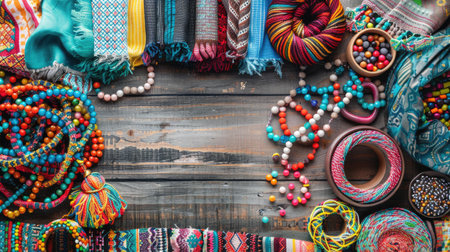 A creative arts product display featuring a wooden table topped with a variety of body jewelry items such as colorful bracelets and beads in magenta, aqua, and other vibrant colors AIG50の素材