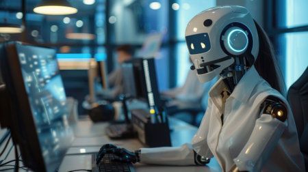 The picture of the robot working as the call center assistant and provide assistance to the...