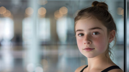 The close up picture of the caucasian female ballet dancer looking at camera in the studio with blur background, the ballet dancer require skill technique, flexibility, balance and experience. AIG43.の素材