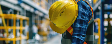 The close up picture view of the engineer with hardhat and standing inside a factory industry, the engineer also require skill like technical experience, management and the communication skill. AIG43.の素材