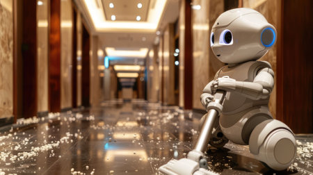 The picture of the robot that working as vacuum cleaner inside the indoor building to clear and clean the floor, the cleaning is the type of the household chore require knowledge and detailed. AIG43.の写真素材