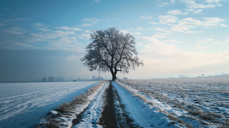 The picture of the single tree that has been covered with white snow in the middle of the empty snow land in the winter season and light from the sun can make everything bright clear on land. AIGX03.の素材