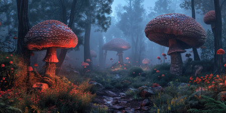 A breathtaking digital painting of a fantasy forest with towering mushrooms aglow with internal light, amidst an ethereal misty landscape. Resplendent.の素材