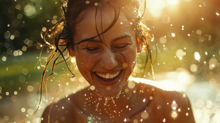 The woman is happily splashing water on her face with a smile, enjoying a fun leisure activity during a travel event AIG50の素材