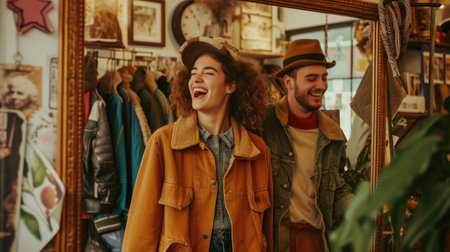In the crowded city store, under the dim street lights, a man and a woman exchange smiles, creating an artful moment of connection. AIG41の素材