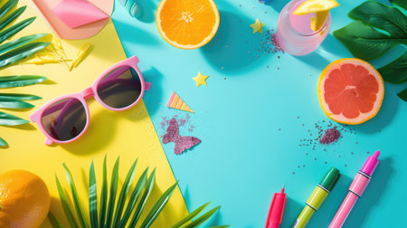 A table adorned with a diverse collection of colorful objects and decorations, featuring green plants, azure water elements, orange art pieces, and a variety of organisminspired decor items AIG50の素材