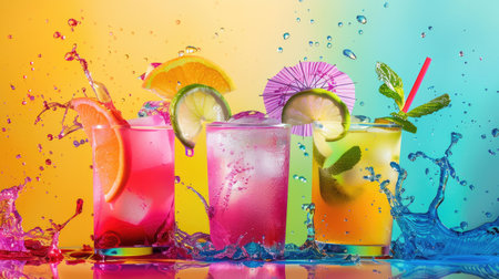 A colorful array of liquid paints splashes into the water, creating a beautiful painting resembling a natural landscape with petals, fruit, and drinkware AIG50の素材