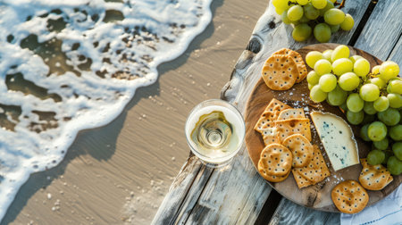 A wooden table displaying a delicious recipe with ingredients such as cheese, grapes, crackers, and a glass of wine. A natural foods dish showcasing the beauty of plantbased cuisine AIG50の素材