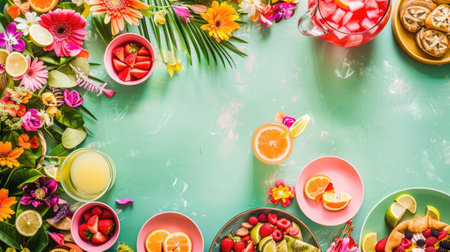 An intricate table setting with colorful dishware and drinks arranged in a circular pattern, resembling a painting of a vibrant aquatic organism AIG50の素材