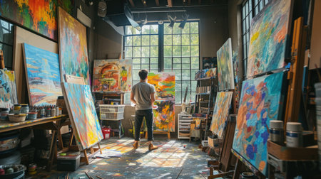 A painter stands back to ponder the progress of a vibrant abstract painting in a bright, art-filled studio. AIG41の素材