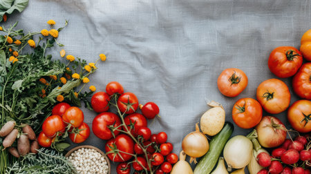 A variety of natural foods, including fruits and vegetables, are displayed on a table. These plantbased ingredients can be used in recipes to create delicious dishes AIG50の素材