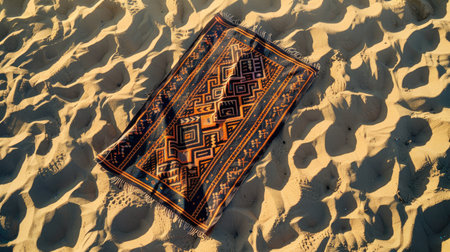 A rug with an electric blue pattern lies on the sandy beach, contrasting with the neutral landscape of sand and rocks. The motif creates a striking art piece amidst the geology of the wood flooringの素材