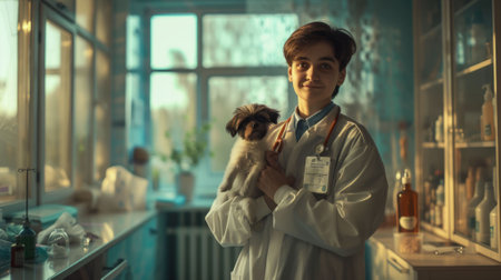 The picture of the adult veterinarian and dog staying in the office of the clinic or hospital that they working in there and take care the canine or other animal also examine them to the cure. AIG43.の素材