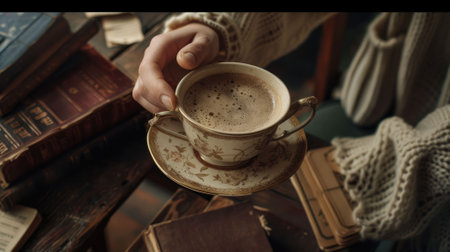 The close up picture of the person is holding the cup of the coffee by their own hand that has been rest on the table made from wood in the cozy warm feel inside the room for the relaxation. AIG43.の素材
